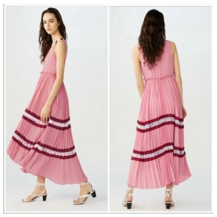 마쥬 마제 핑크 버건디 레이스 인셋 브이넥 리텔로 아코디언 플리츠 맥시 드레스 1 M516 5520537