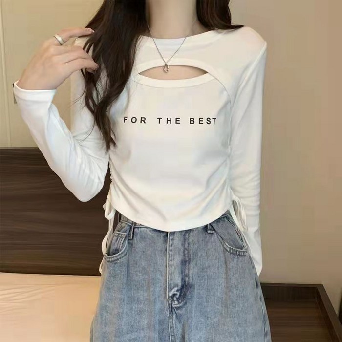 봄 가을 여성 티셔츠 라운드 루즈핏 가슴 트임 스트링 셔링 레터링 긴팔티 빅사이즈 상의 데일리 A88