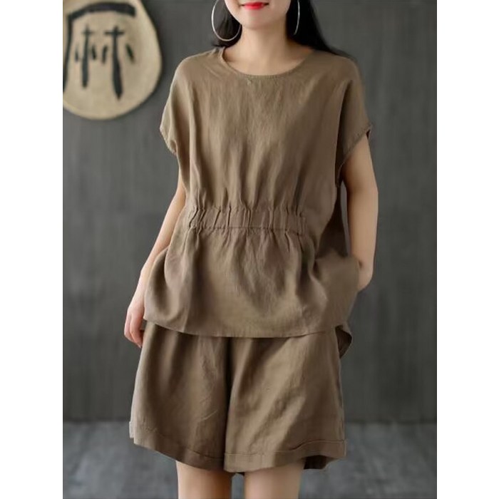 여성 여름 투피스 세트 캐주얼 반팔 반바지 코튼 리넨 정장 스타일
