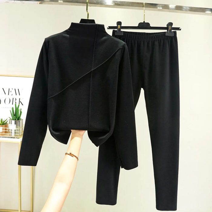 ORZQU 겨울 여성 보온 세트 스몰 터틀넥 긴팔 상의 기모 보온 투피스