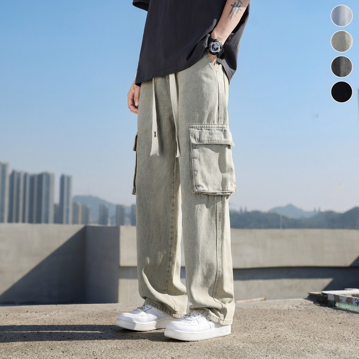 wassup 남자청바지 춘하추계 와이드 빅 포켓 일자 카고청바지 남녀 공용