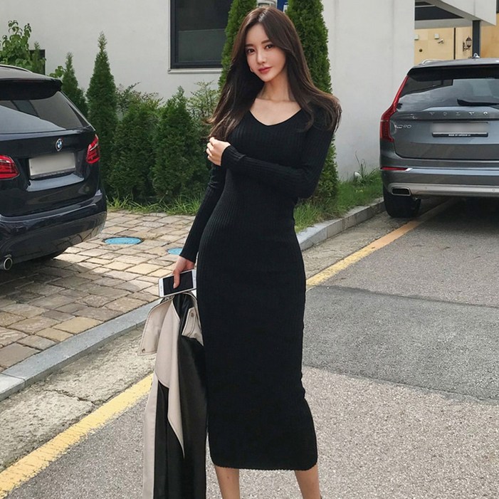타니즈 플립 브이넥 슬림 골지 니트원피스