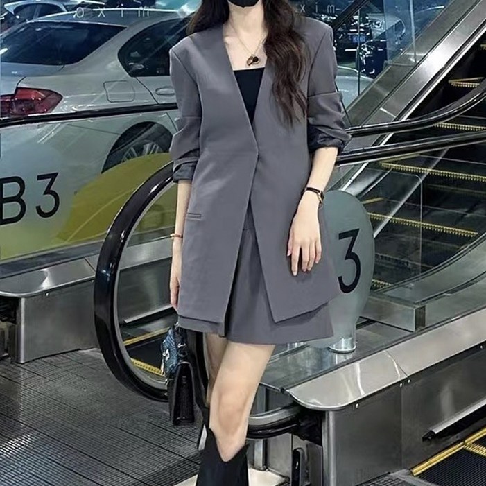 페이퍼먼츠 슬림 반바지  노카라 재킷 투피스 세트 06791