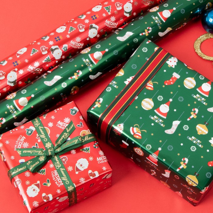 좋은기븐 빨간코 산타와 루돌프  산타와 양말 메탈롤 포장지 세트