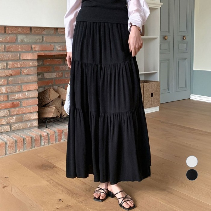 아피나르 여성용 크링클 풀밴딩 티어드 롱 스커트