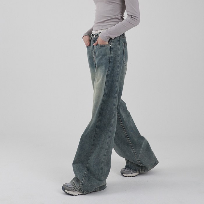 수비진 여성용 롱숏 기장 워시드 워싱 절개 와이드 청바지
