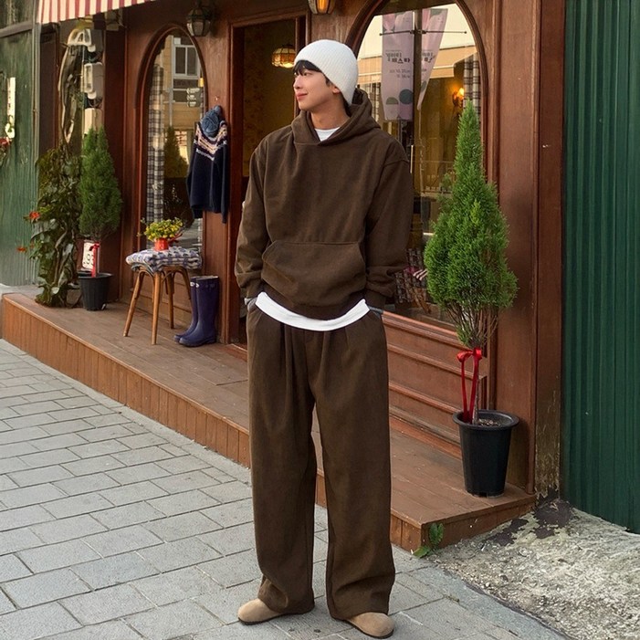 기모 남자 남성 루즈 오버핏 코듀로이 골덴 후드티 와이드 팬츠 겨울 셋업 세트