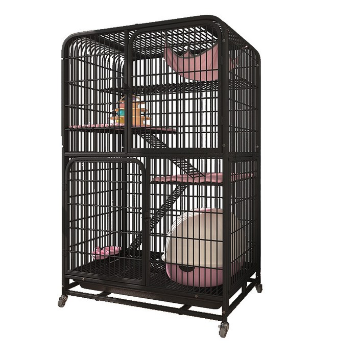 리빙가감법 반려동물 고품질 조립식 4단 고양이 케이지 튼튼한 메탈 간편이동 잠금 가능한 바퀴가 있는 탈출 방지 고양이 철장 이동식 고양이 대형 케이지, 1개, 블랙