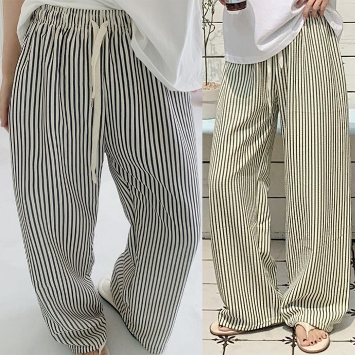 애플망고옷장 1+1 오버핏 여름 남녀공용 시원한 작은줄 스트라이프 일자 통밴딩팬츠  P212  버블 넉넉사이즈바지
