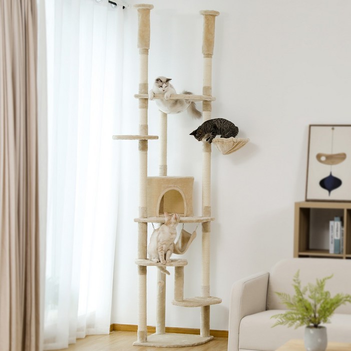 PAWZ Road 6단 대형 플러시 패브릭 캣폴,천장 고정형 트윈 기둥 높이 조절 캣타워 236CM258CM,스크래쳐 기둥숨숨집해먹 PAWZ Road 6단 대형 플러시 패브릭 캣폴,천장 고정형 트윈 기둥 높이 조절 캣타워 236CM258CM,스크래쳐 기둥숨숨집해먹