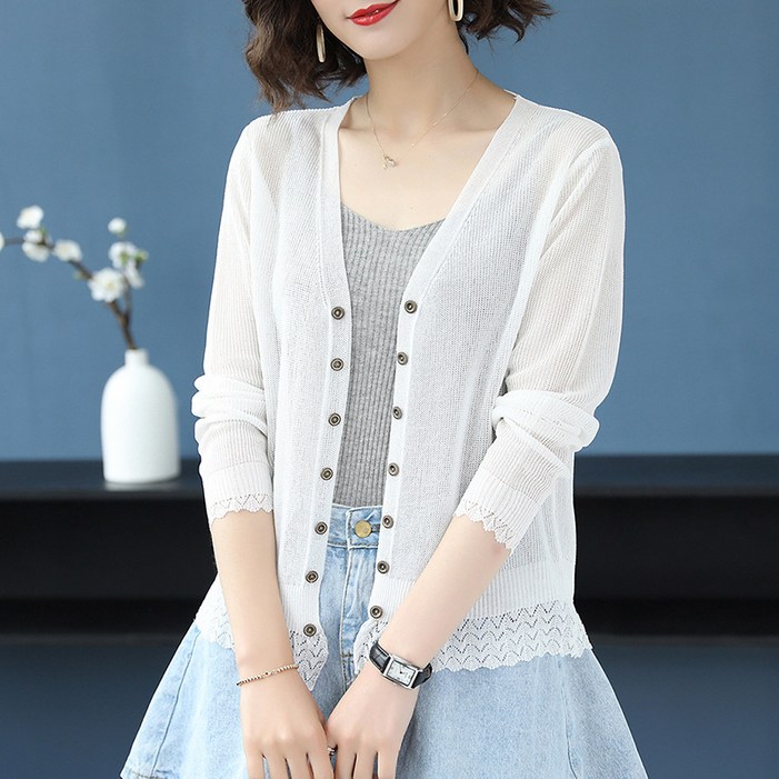 ASURE 여자 얇은 브이넥 니트 카디건 쇼트 아이템 자외선 차단 의류