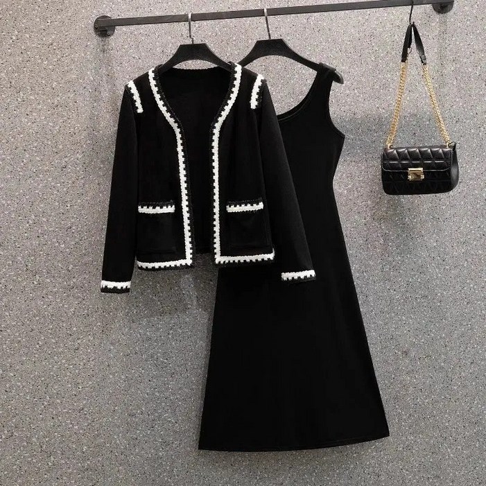 가을원피스 오피스록 드레스 여성니트 간절기 배색 트위드 카디건 투피스