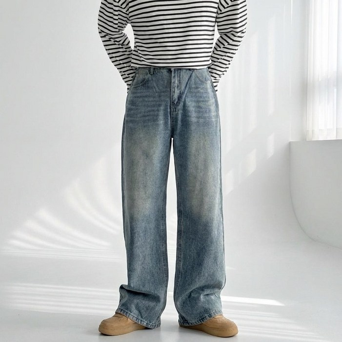 코튼 S4XL 빅사이즈 워싱 스트레이트핏 롱 와이드 일자 데님 팬츠 청바지