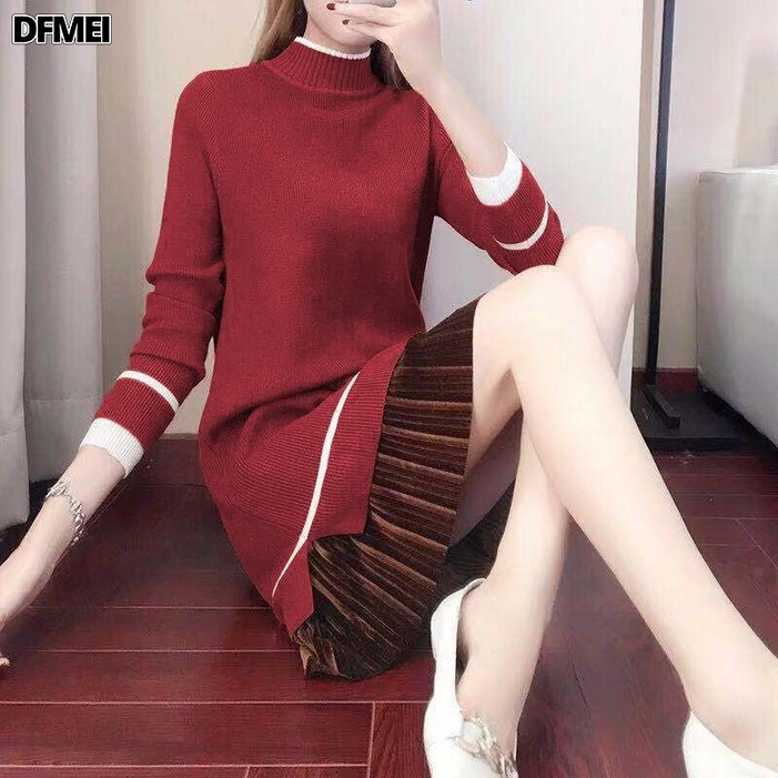 DFMEI 스웨터녀에 기모에 도톰한 여성 니트 원피스 루즈핏 날씬해 보이는 이너 이너 치마