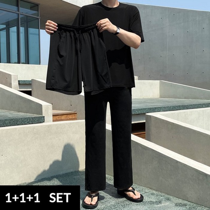 SET 3종 남자 플리츠 냉장고 무지 레이어드 트레이닝 반팔 반바지 긴바지세트