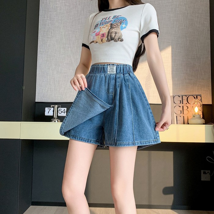 여성용 데님 반바지 여름 A라인 허리밴딩 여유핏 치마바지 여성용 데님 반바지 여름 A라인 허리밴딩 여유핏 치마바지