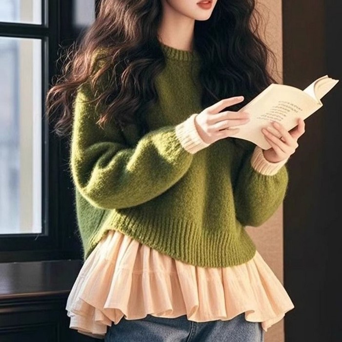 여성 긴팔 티셔츠 봄 가을 프릴 패치 니트 스웨터 캐주얼 고급스러운 페이크 투피스 상의 ZZL