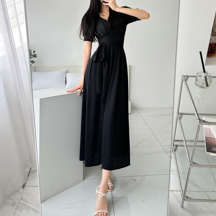 글램디브 쿨런트AE1475 플레어 퍼프 브이넥 롱원피스