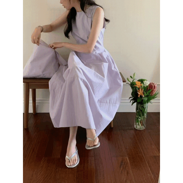 루어스룸 멜로디 라운드넥 민소매 A라인 플레어 롱 원피스 가방 set