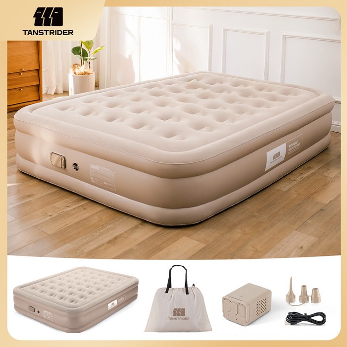 TANSTRIDER 에어침대 에어매트내장형 실내 캠핑 자충매트 높이40cm 휴대용 펌프베드 자동펌프 내장형 높이40cm 휴대용 캠핑 에어베드 매트리스 에어펌프 내장 캠핑 에어매트, 카키