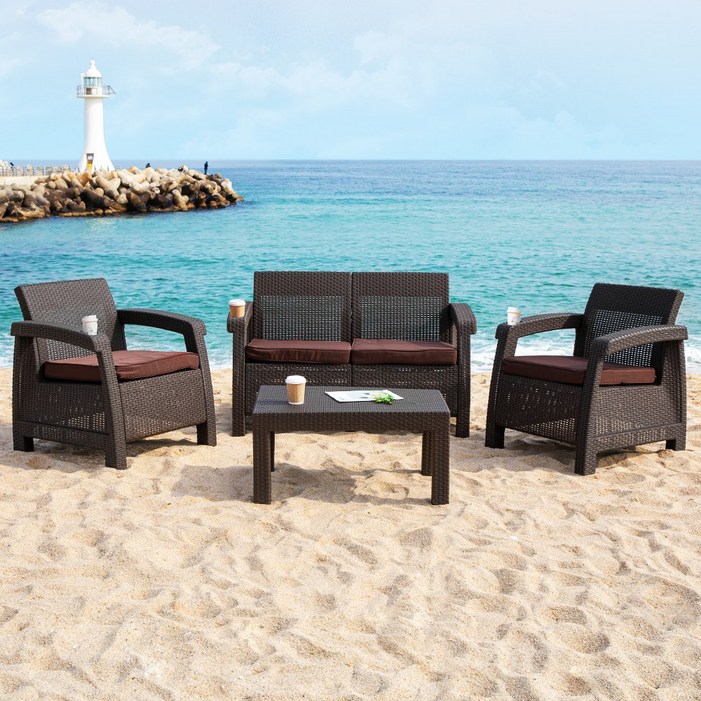 브릭스 4인 야외 라탄 테이블 소파 세트 정원 카페, 브라운, 일반 2  벤치 1