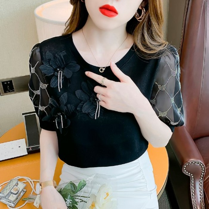 Ogfaour 여름 여성 입체 플라워 핫픽스 반팔 티셔츠 Ogfaour 여름 여성 입체 플라워 핫픽스 반팔 티셔츠