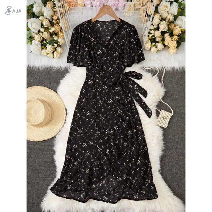 ZAJA 여성 여름 화사한 플라워 랩 원피스 브이넥 슬림핏 퍼프소매 롱 바캉스룩