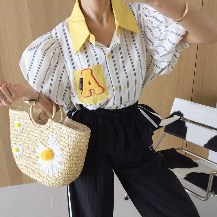 [아이미마인] 젤라비 배색카라 부클 패치 포켓 벌룬 퍼프 스트라이프 여름 반팔 셔츠 블라우스 (3color)