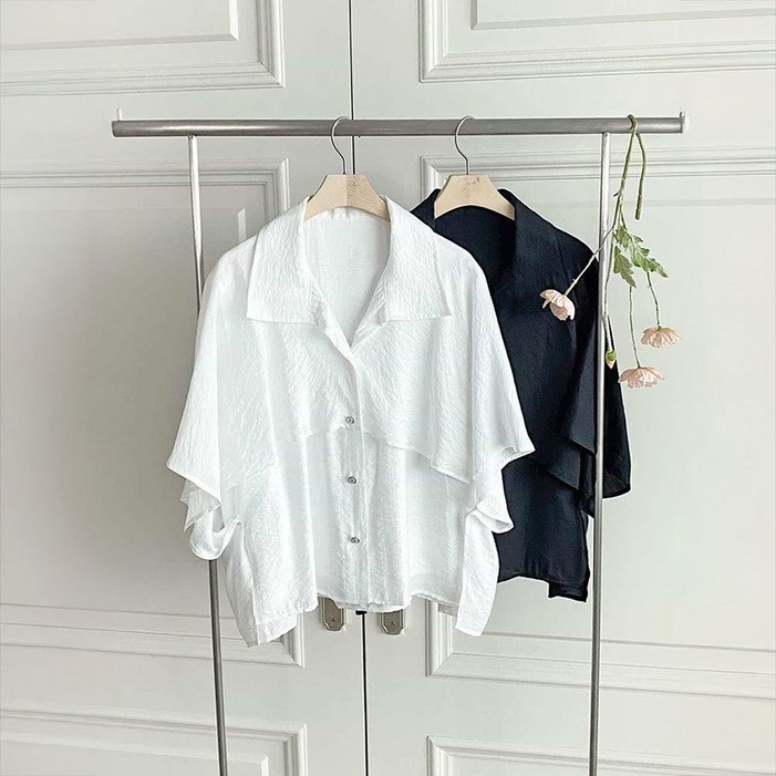 레이어드 케이프 카라 블라우스 오피스 결혼식 하객룩 여름 40대 여성 블랙 아이보리