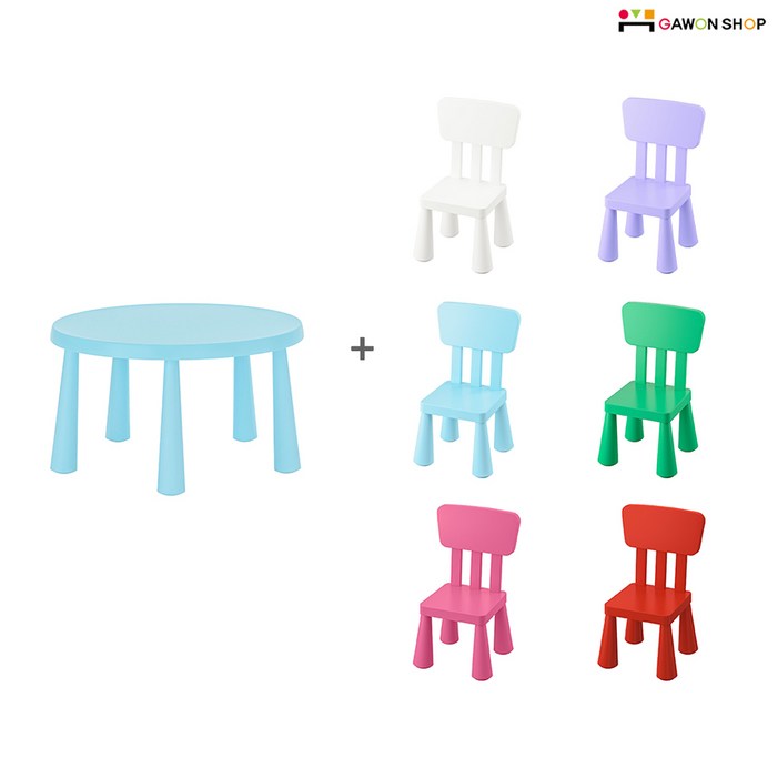 무료배송 이케아 MAMMUT 원형테이블라이트블루  등받이의자2개 세트, 라일락2개