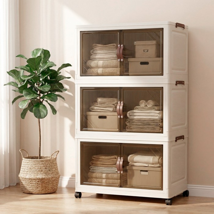 SHEU 대용량 다용도 접이식 이동식 수납장 가정용 플라스틱 리빙박스, 투명 브라운