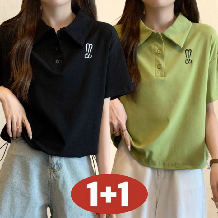 (완전 편한) 100kg까지 빅사이즈 여성 여름 [1+1]  초특가  버튼 심플 자수 데일리 루즈핏  캐주얼 카라넥 티셔츠