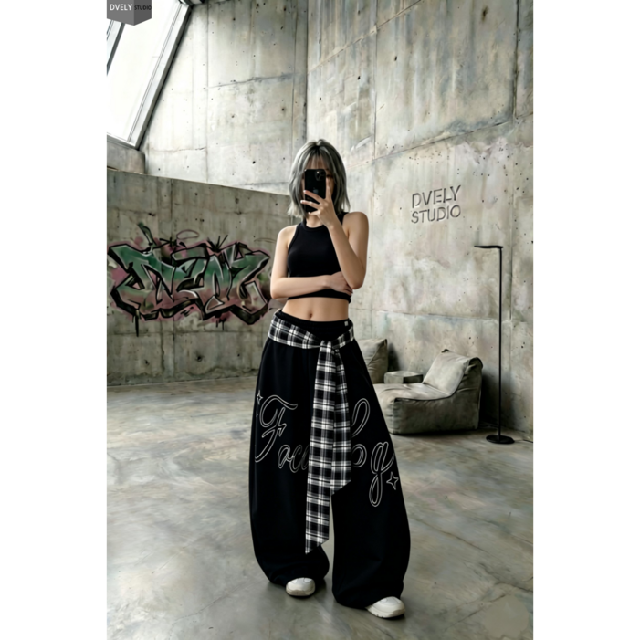 디블리 체크플래그 와이드 벌룬팬츠 허리밴딩 밑단스트링 와이드핏 방송댄스 댄스팀 단체복 힙한룩 힙합패션