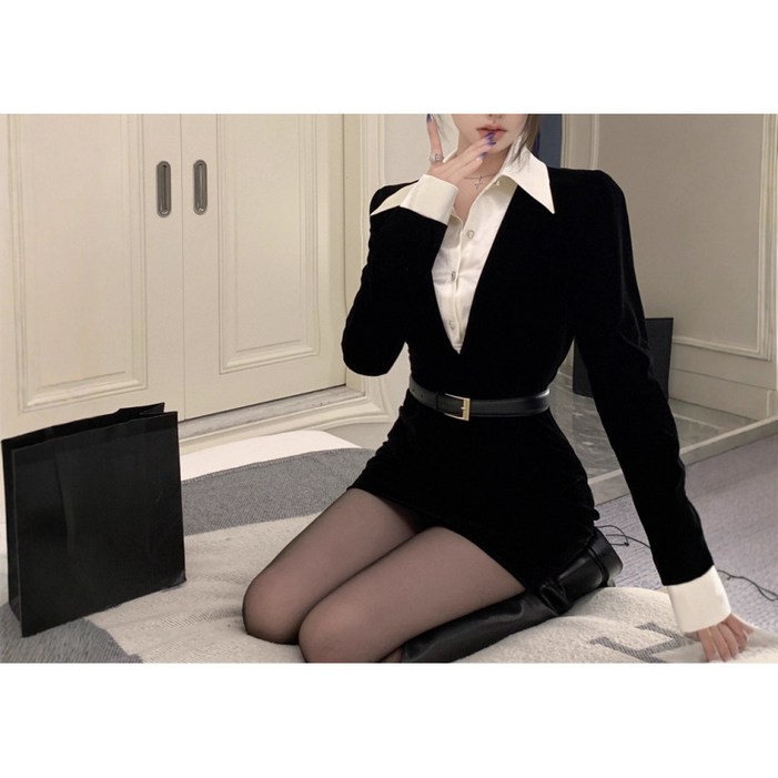 해피유통 여성 배색 칼라넥 패션 슬림 원피스 jhlyl