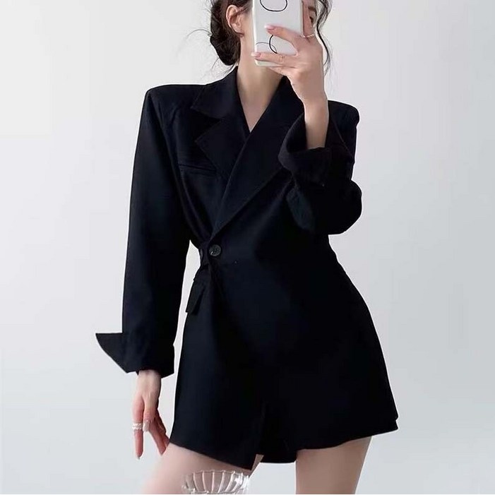 TIMEPURE 여성 원버튼 세련된 정장 롱 자켓 봄 가을 소매트임 뒷면 허리벨트 일체형 고급 캐주얼 하프 정장 오피스룩 하객룩