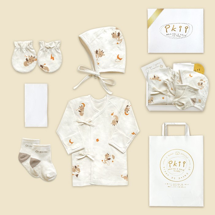 이키 유아용 오가닉 배냇저고리 5종 출산 선물 포장 세트 사계절용 뱀 긴소매 + 쇼핑백