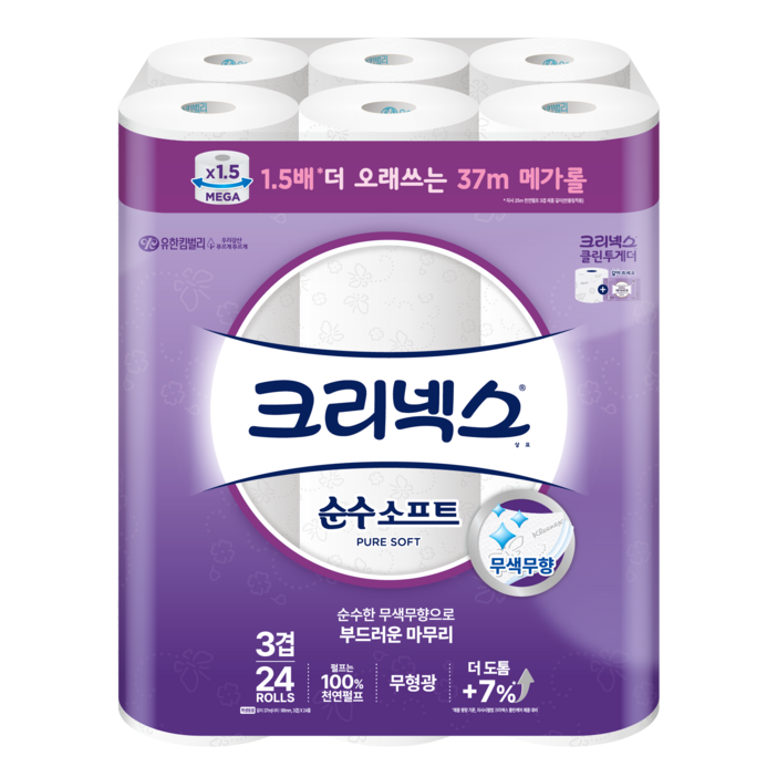 크리넥스 천연펄프 3겹 순수 소프트 화장지, 37m, 24개입, 1개 크리넥스 천연펄프 3겹 순수 소프트 화장지, 37m, 24개입, 1개