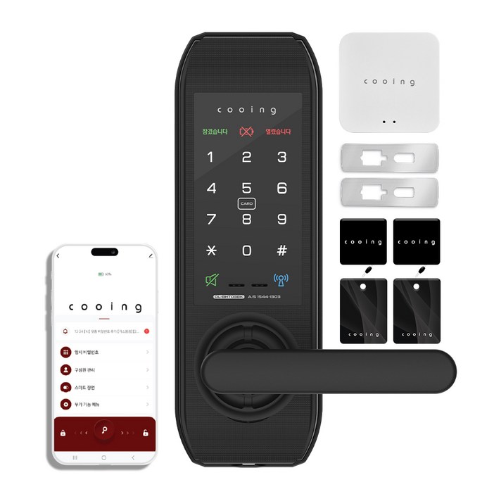 쿠잉 무타공 주키 손잡이있음 원격제어 IoT 현관문 스마트도어락 DLBHT03BK  보강판  게이트웨이 세트, DLBHT03BK, 방문설치