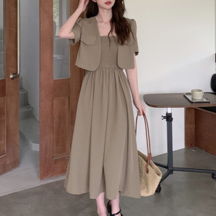 페이퍼먼츠 듀스트 스트랩 민소매 스모크 원피스 반팔 자켓 세트 05398