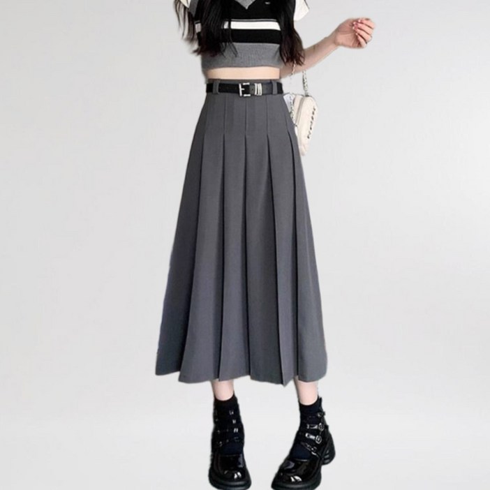 마켓피아 여성용 A라인 미디 롱 플리츠 스커트