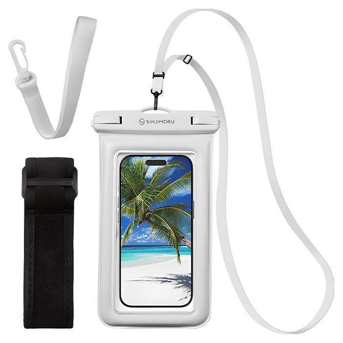 신지모루 IPX8스펀지 튜브 4중잠금 스마트폰 방수팩 크로스 스트랩  암밴드  핸드 스트랩, 화이트, 1세트