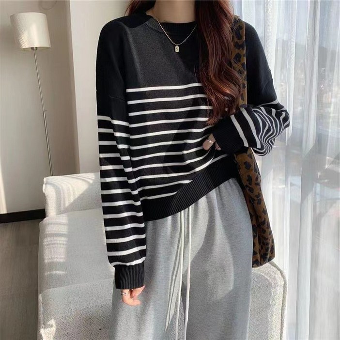 라라티나 여성용 윈스톤 데일리 스트라이프 라운드 니트 긴팔 티셔츠