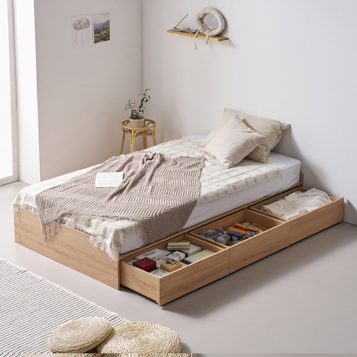 수오 하루 무헤드 1단 3서랍 수납 침대 프레임 단품 방문설치, 오크