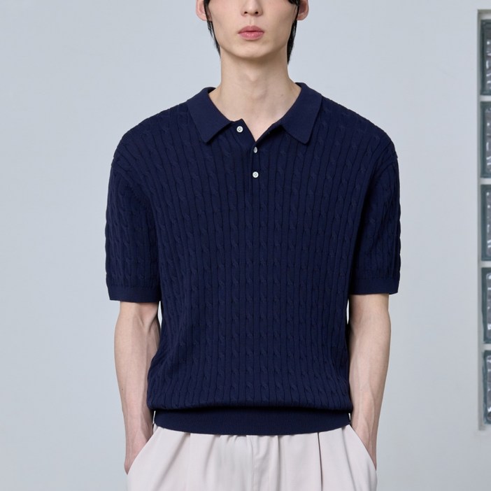 에이지오디 코튼 모달 워셔블 버튼 카라 케이블 하프 니트 반팔니트 반소매니트 캐주얼 데일리 남녀공용 케이블 하찌 반집업 오버핏