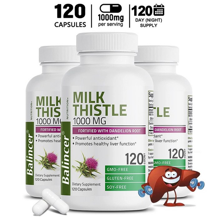 밀크씨슬 1000mg 실리마린 및 민들레 뿌리 간 건강 지원 해독, 클렌징, 회복, 간 기능 지원, 항산화 촉진