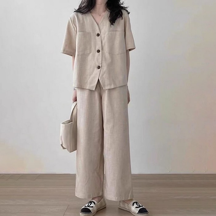 POMTOR 여성 여름 캐주얼 세트 노카라 반팔 상의 캐주얼 와이드 팬츠 패션 투피스