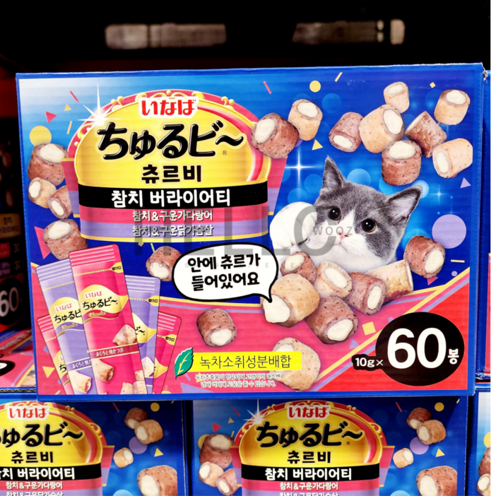 이나바 츄르비 참치 버라이어티 츄르 고양이 간식 60봉 구운가다랑어포 닭가슴살