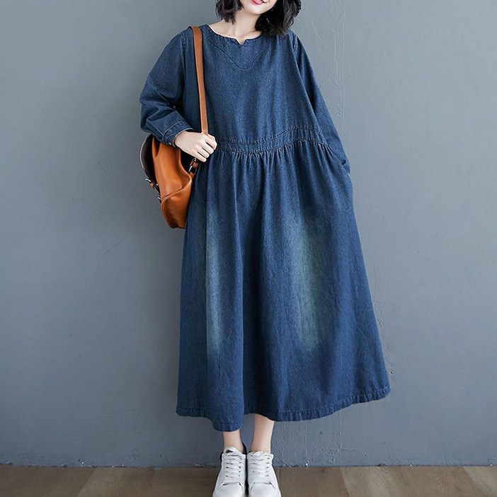 POMTOR 가을 여성 라운드 조거 롱스커트 루즈핏 빅사이즈 긴팔 데님 원피스