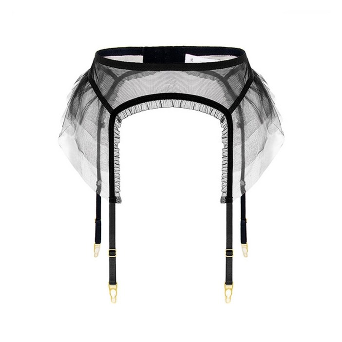 여성은 메쉬 가터 벨트 ruffle 트림 트림 정지 벨트를 통한 허벅지 높이를 봅니다.