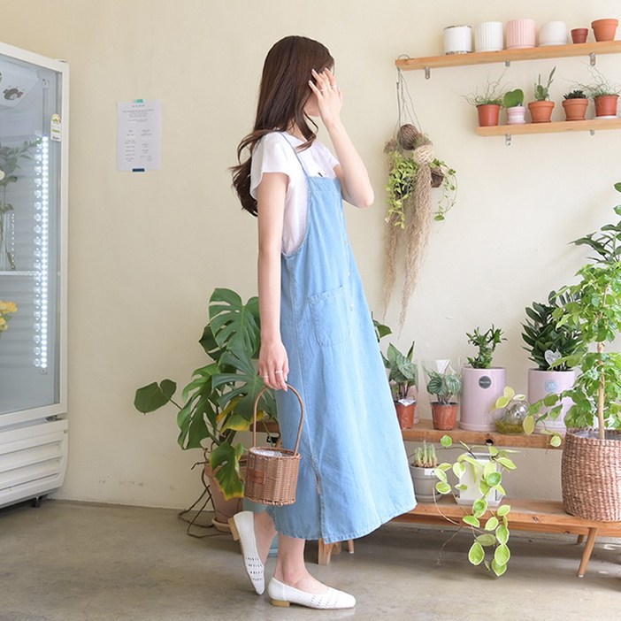 데일리앤 루피드 레이어드 청 멜빵 뷔스티에 데님 롱 원피스